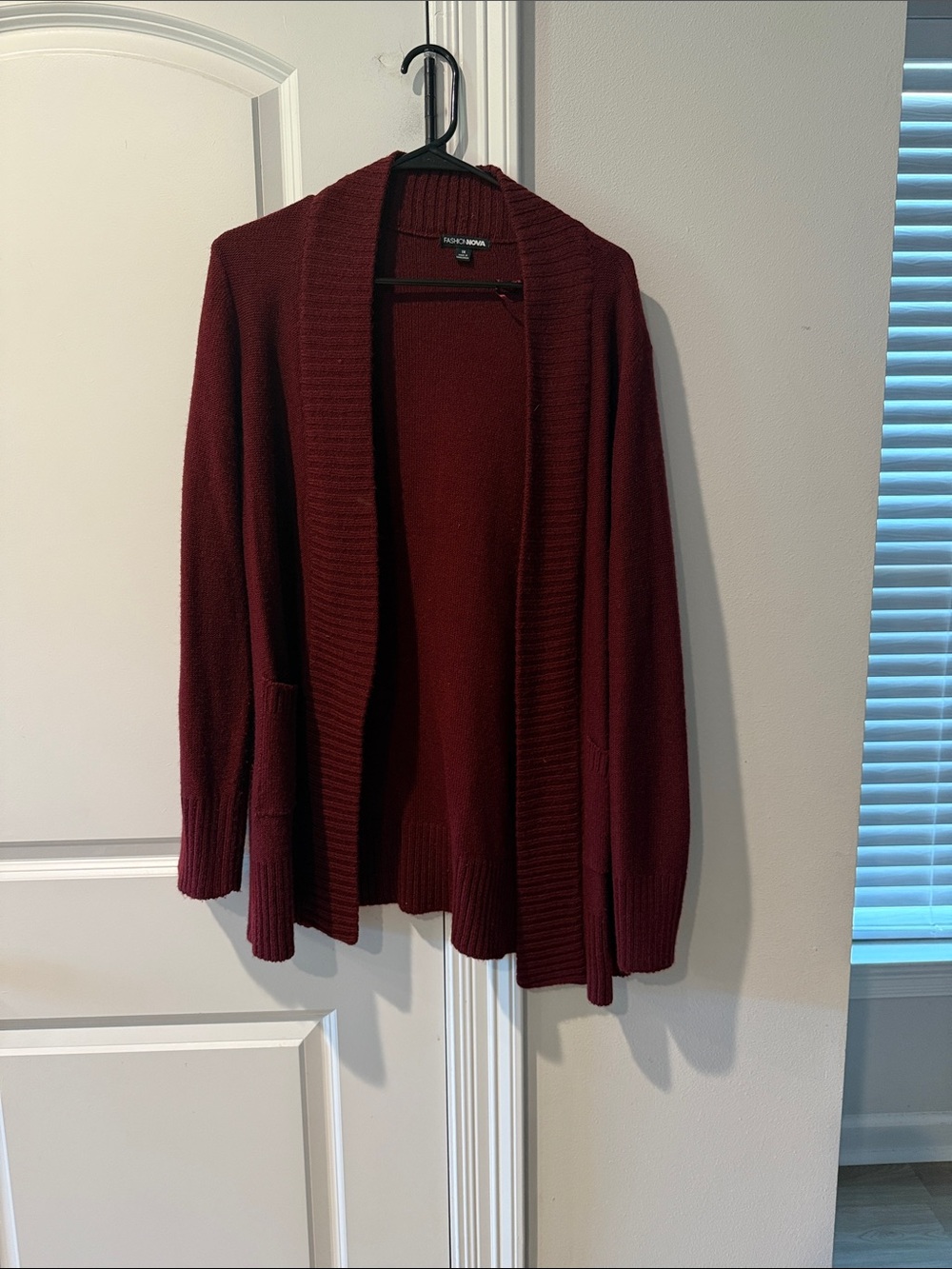 Fashion Nova Burgundy Open-Front Shawl Collar Cardigan
